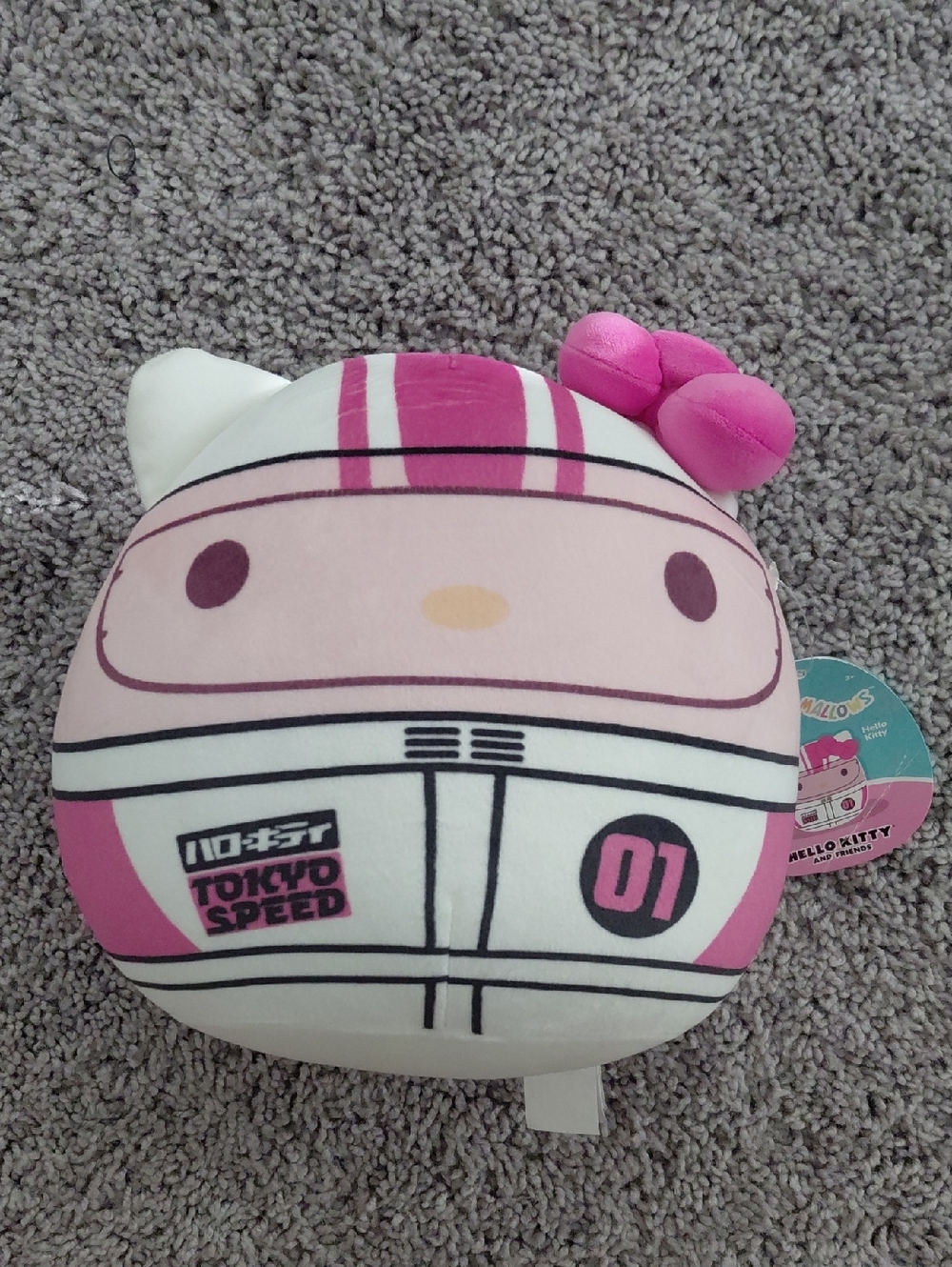Squishmallow Hello Kitty Pink and White Racing Cushion with Bow